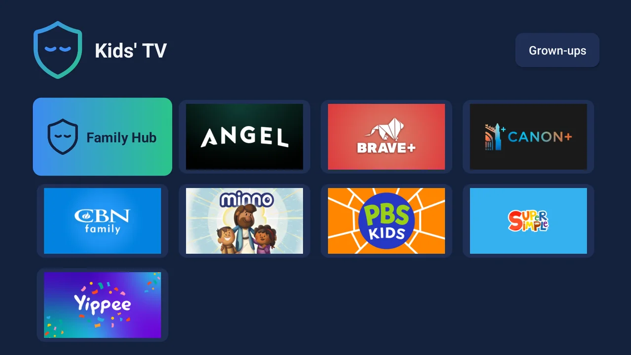 Kinwell's kids' home screen: the Kinwell shield beside the title Kids' TV, a Family Hub tile, and tiles for Angel, Brave+, Canon+, CBN Family, Minno, PBS Kids, Super Simple and Yippee