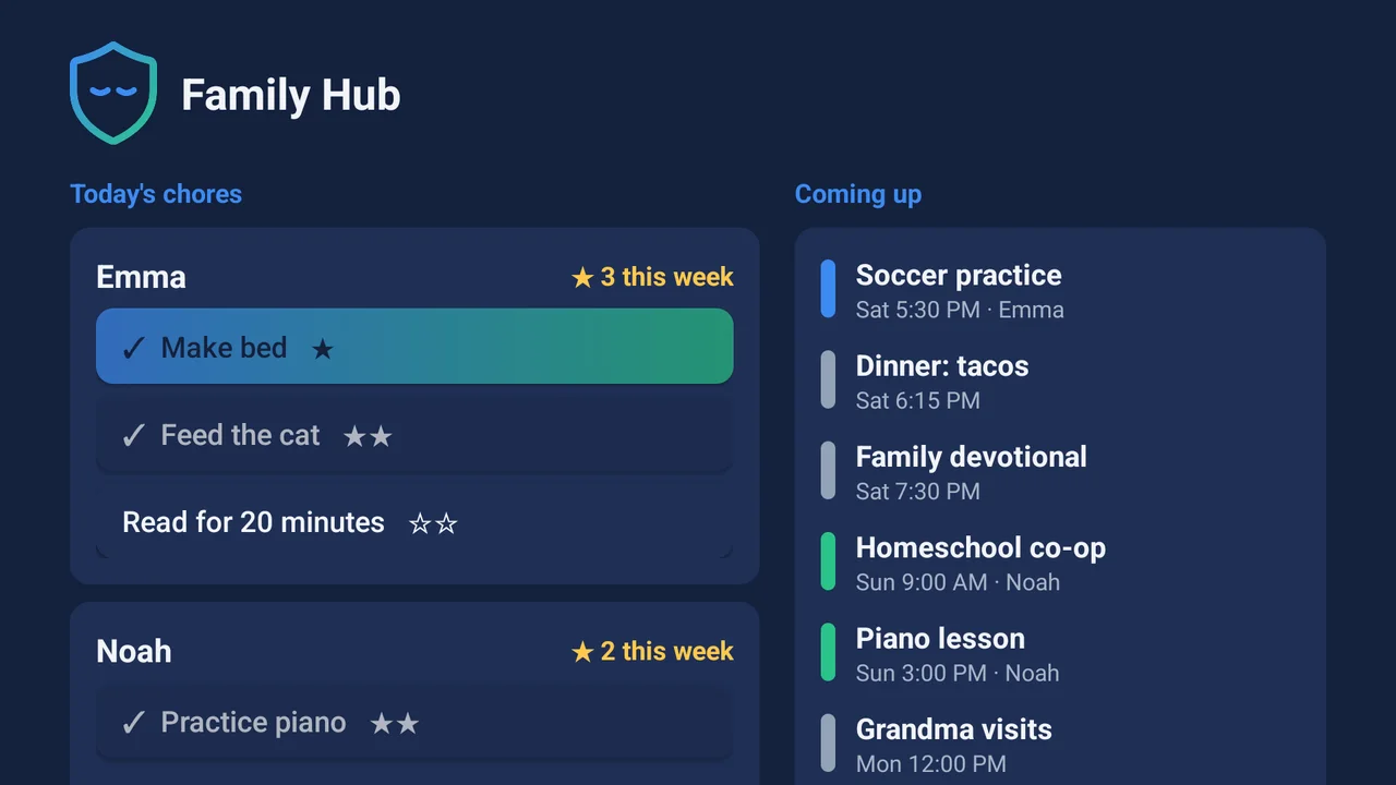 The Family Hub on the TV: today's chores for Emma and Noah with stars earned, and upcoming events like Homeschool co-op and Piano lesson